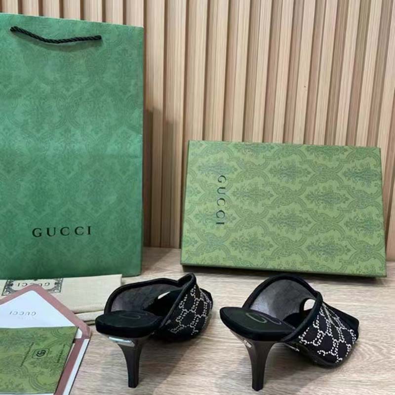 G*u*i women gg sandal black mesh gg crystals square toe mid-heel