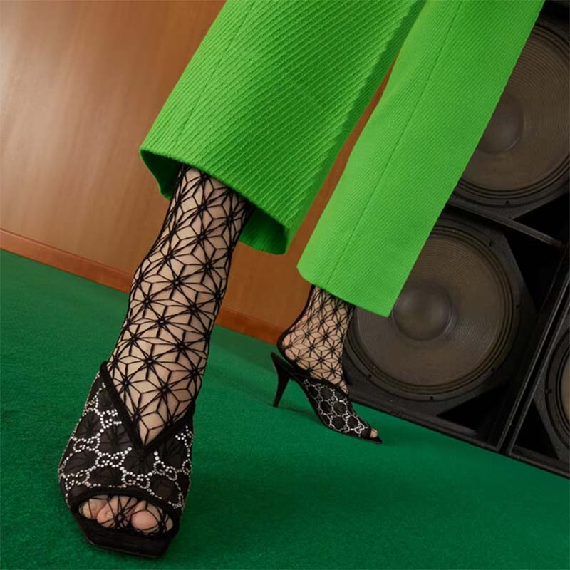 G*u*i women gg sandal black mesh gg crystals square toe mid-heel