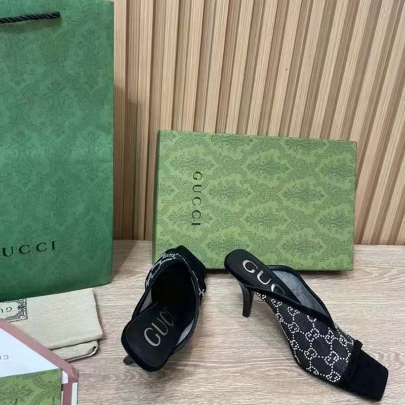 G*u*i women gg sandal black mesh gg crystals square toe mid-heel