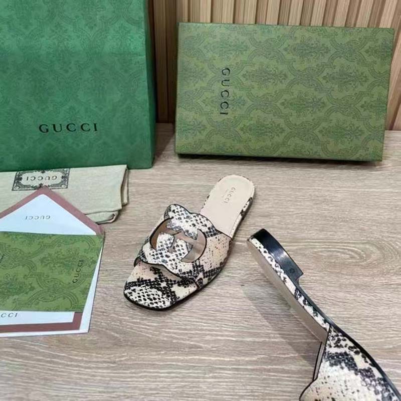 G*u*i women interlocking g cut out slide sandal beige black python print leather flat