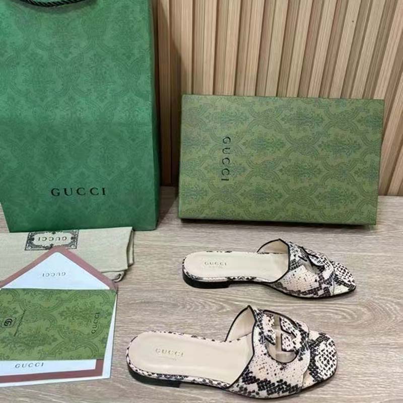 G*u*i women interlocking g cut out slide sandal beige black python print leather flat