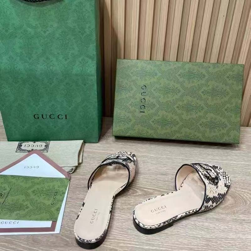 G*u*i women interlocking g cut out slide sandal beige black python print leather flat