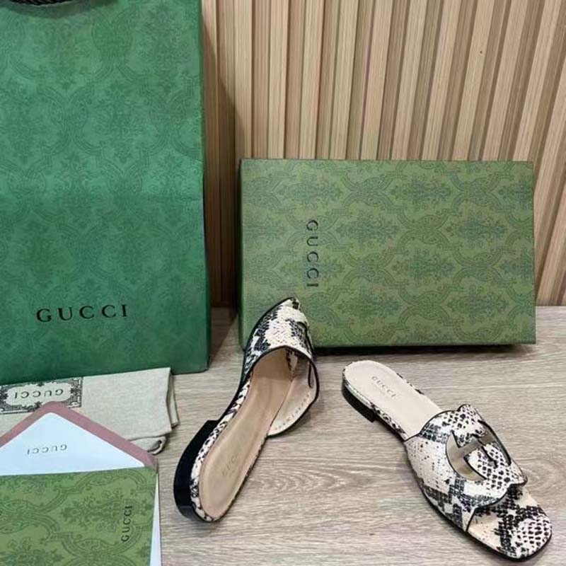 G*u*i women interlocking g cut out slide sandal beige black python print leather flat