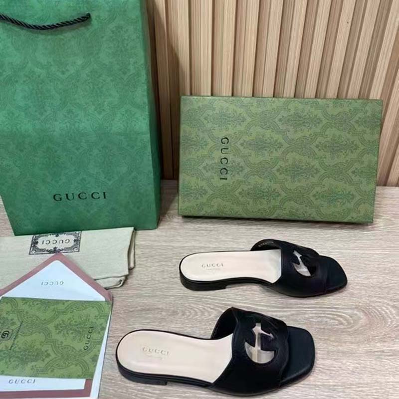 G*u*i women interlocking g cut out slide sandal black leather flat