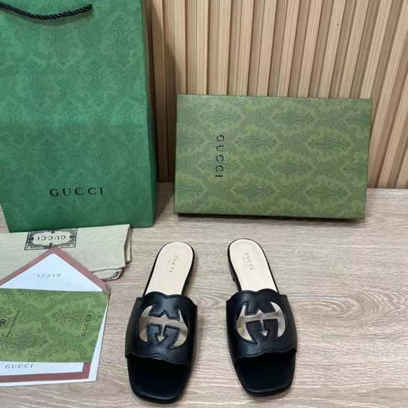 G*u*i women interlocking g cut out slide sandal black leather flat