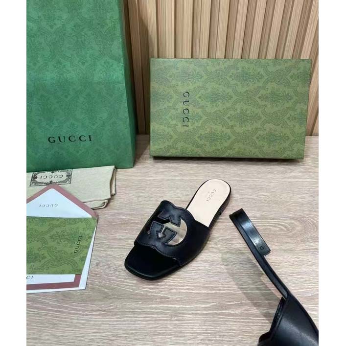 G*u*i women interlocking g cut out slide sandal black leather flat