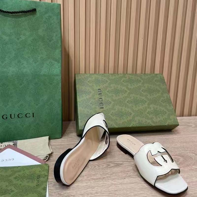 G*u*i women interlocking g cut out slide sandal white leather flat
