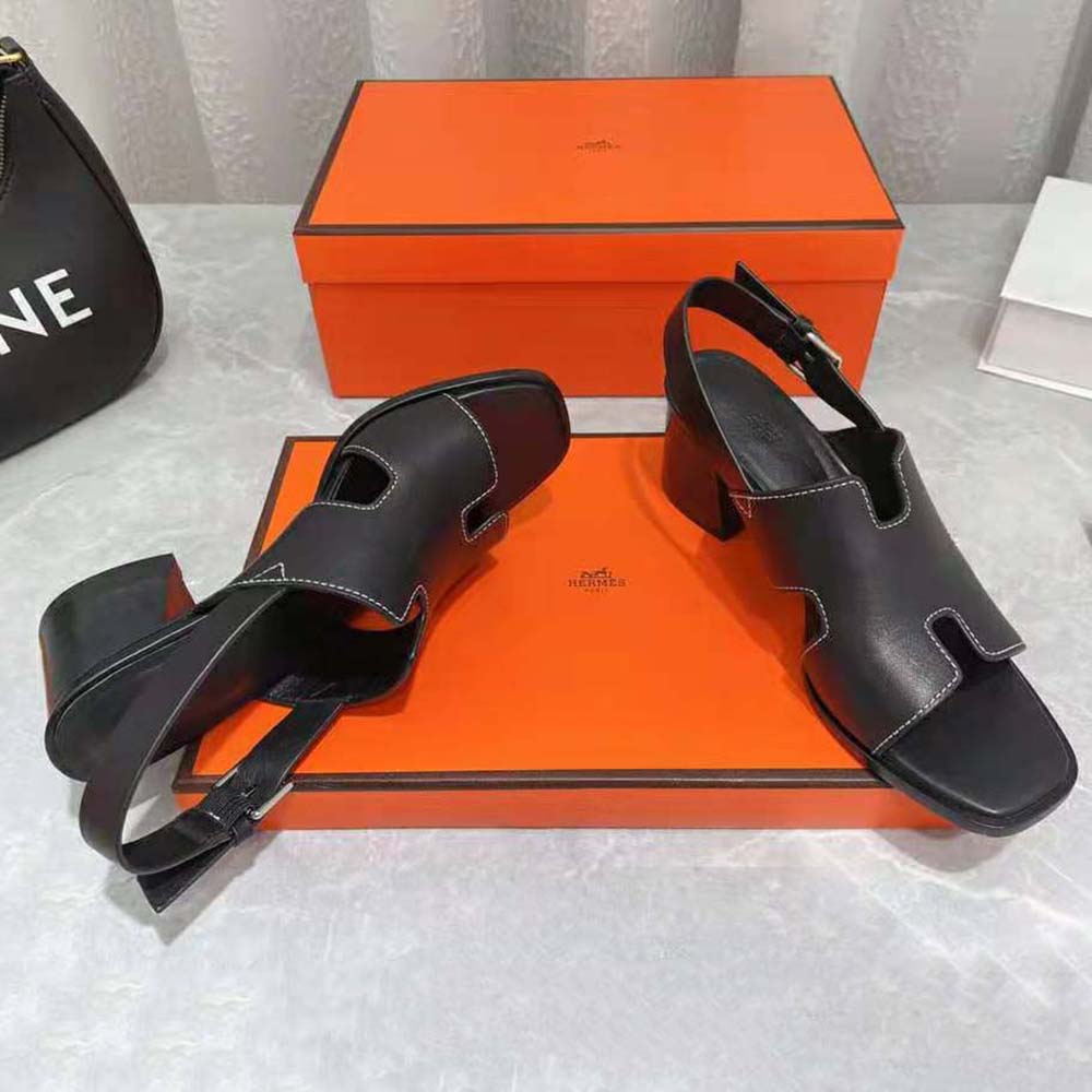 Hermes Women Elbe 60 Sandal in Calfskin Leather-Black
