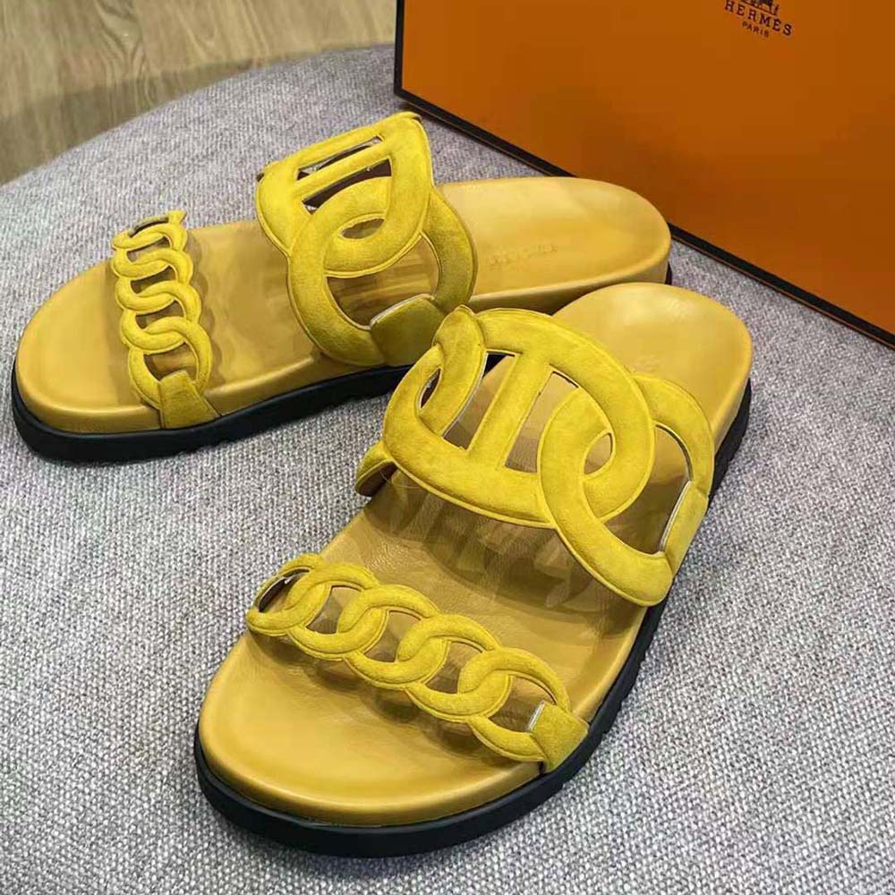 Hermes Women Extra Sandal in Suede Goatskin-Yellow