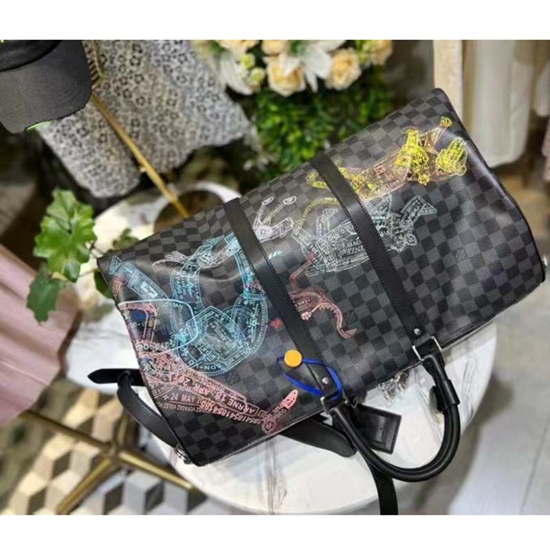 Louis Vuitton LV Unisex Keepall 50B Damier Graphite Stamps Coated Canvas