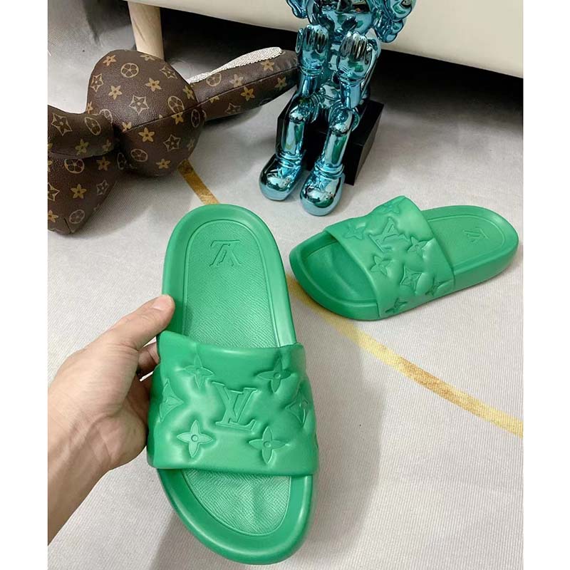 Louis Vuitton LV Unisex Waterfront Mule Green Monogram Embossed Rubber Waterproof
