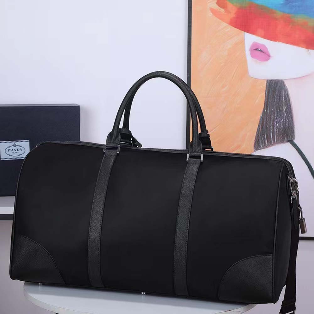 Prada Unisex Re-Nylon Saffiano Leather Handles Duffle Black Bag