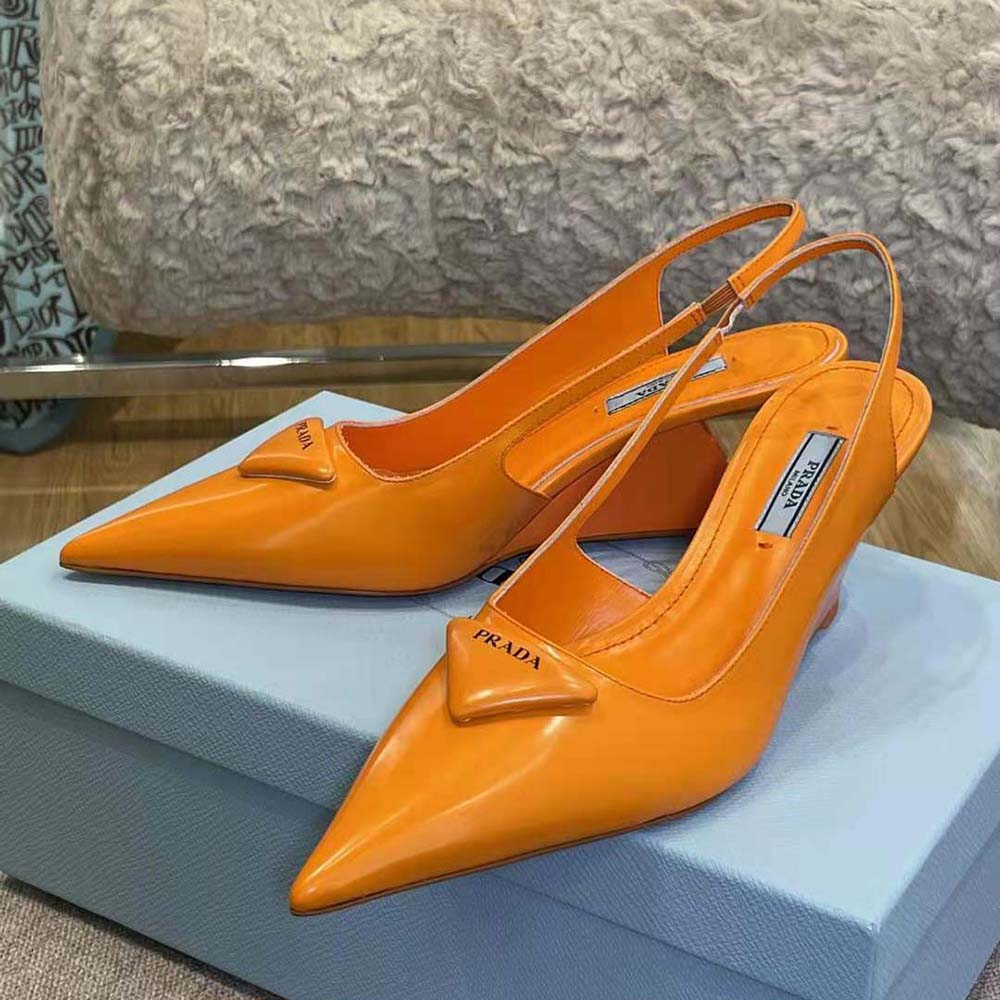 Prada Women Brushed Leather Slingback Pumps in 65mm Heel-Orange