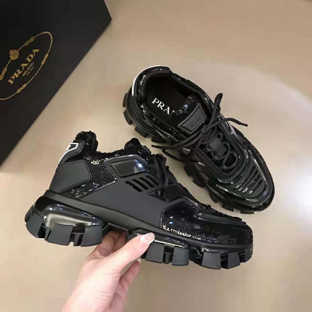 Prada Women Cloudbust Thunder Sequined Sneakers-Black