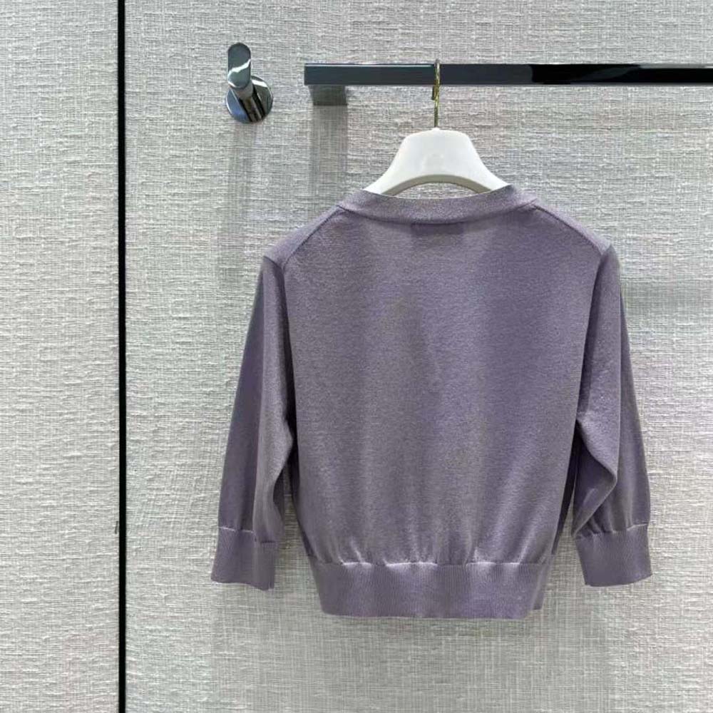 Prada Women Cropped Lurex Cardigan with Intarsia Logo-Purple