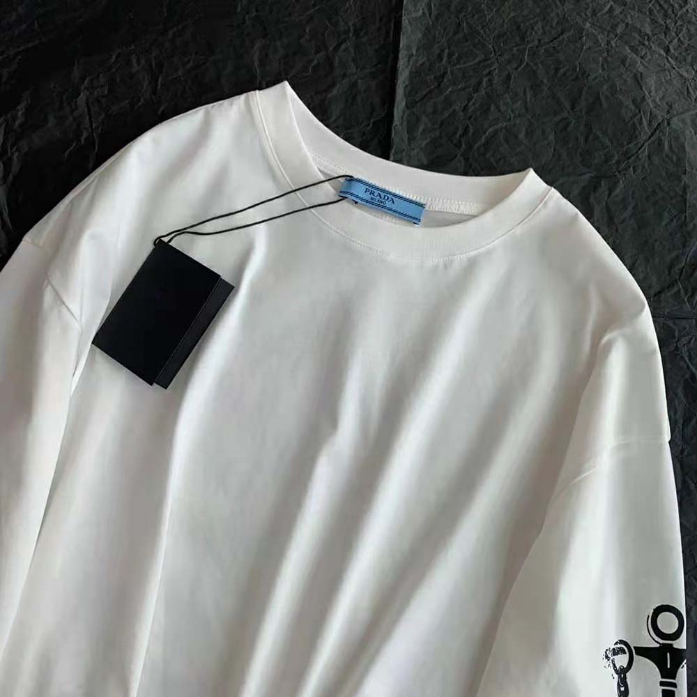 Prada Women Cropped Printed Jersey T-Shirt-White