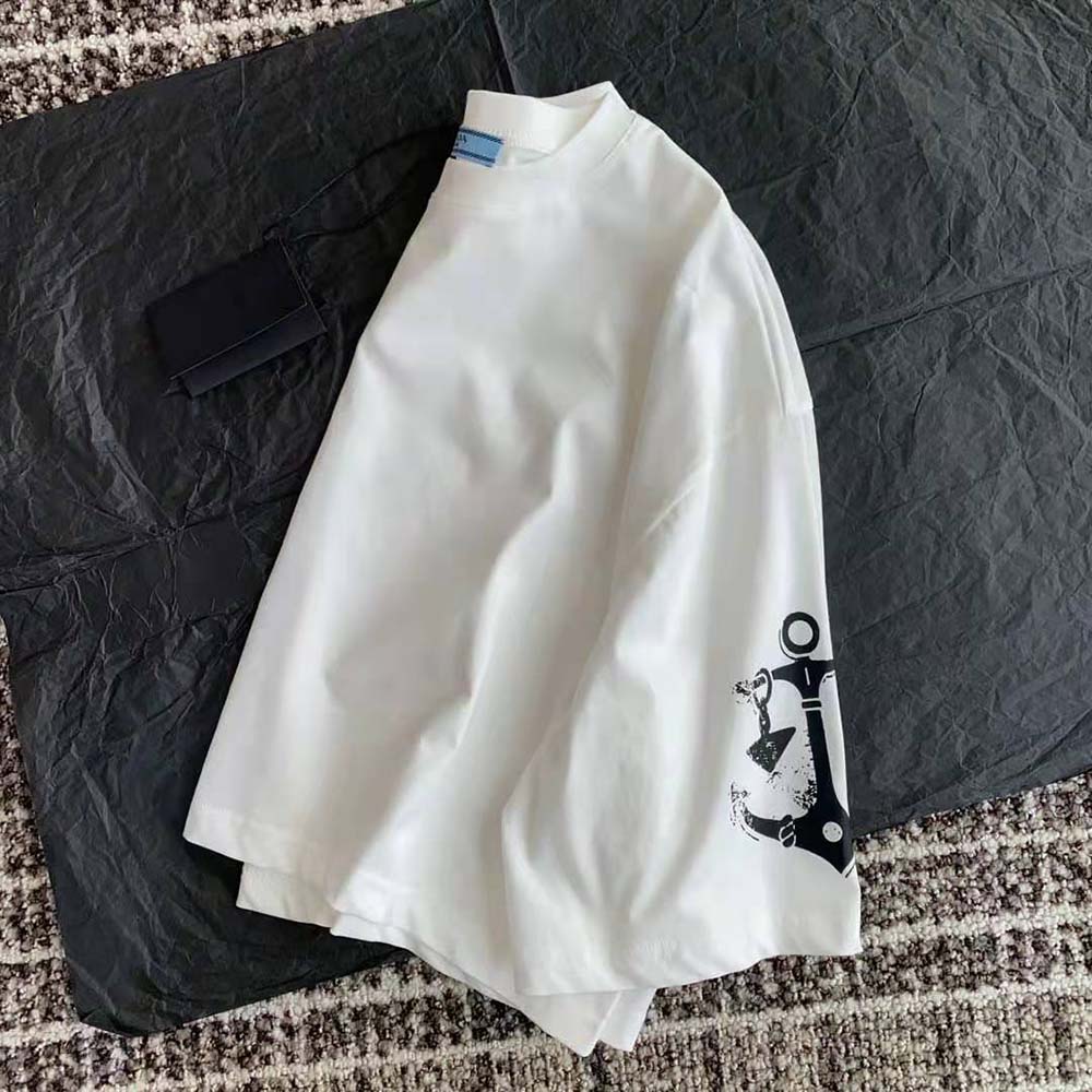 Prada Women Cropped Printed Jersey T-Shirt-White