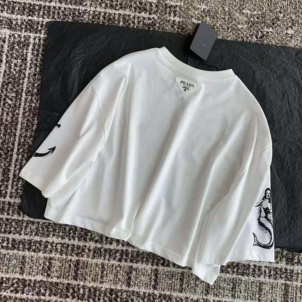 Prada Women Cropped Printed Jersey T-Shirt-White