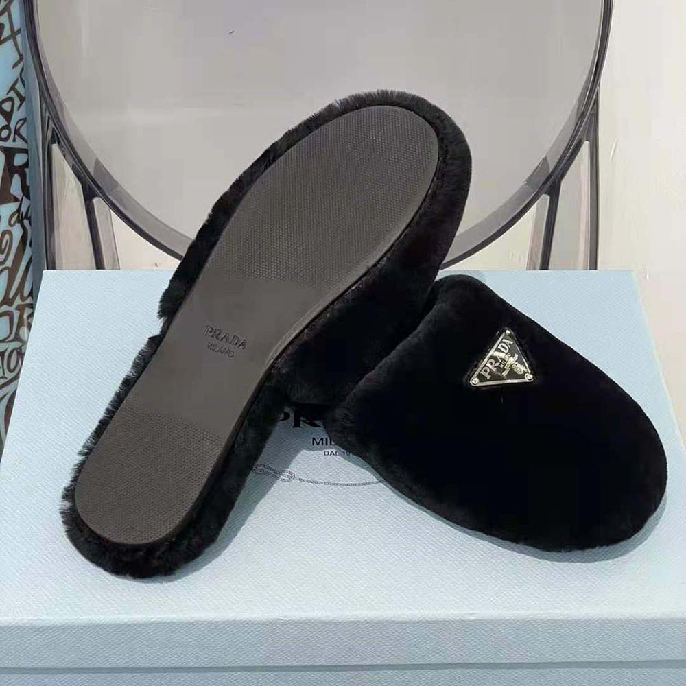 Prada Women Enameled Triangle Logo Accentuates Shearling Sabots