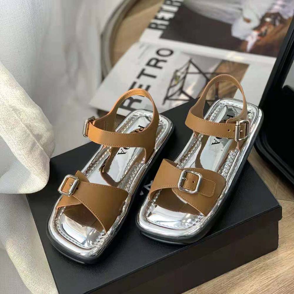 Prada Women Flat Rectangular Leather Sandals-Brown