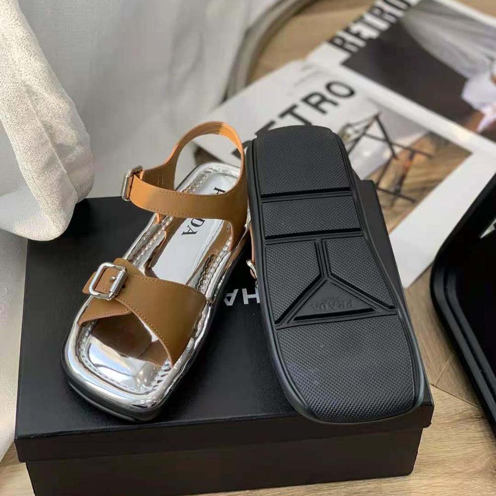 Prada Women Flat Rectangular Leather Sandals-Brown