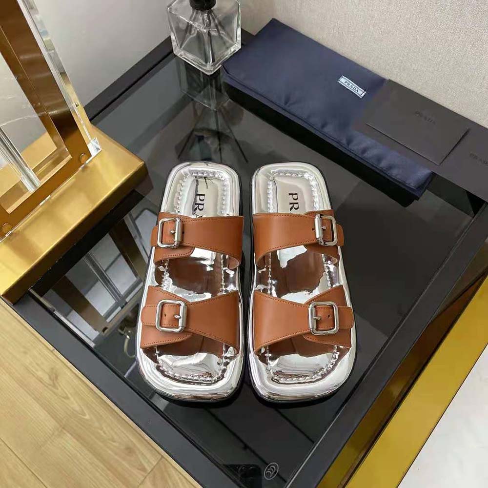 Prada Women Leather Sandals With Metal Buckle on the Upper-Brown
