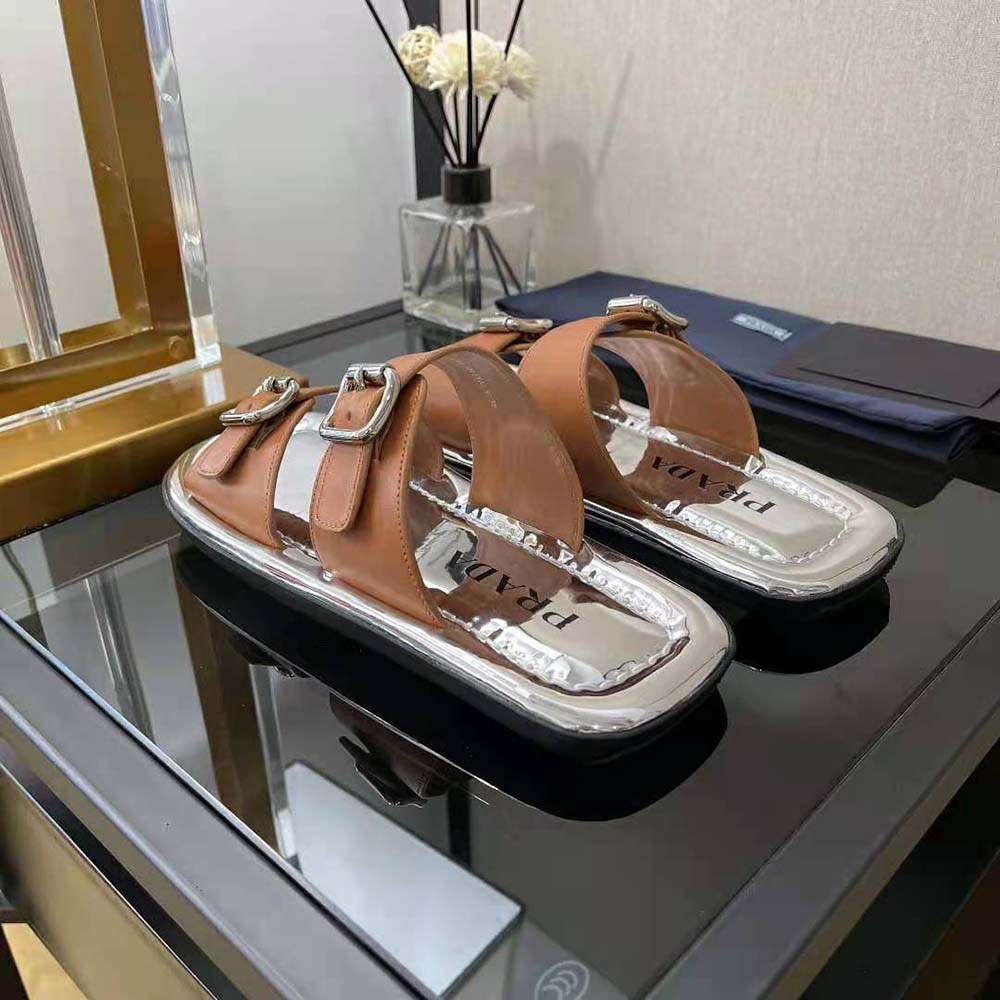 Prada Women Leather Sandals With Metal Buckle on the Upper-Brown