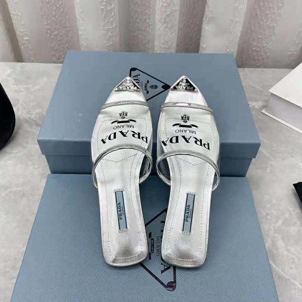 Prada Women Logo-Print Plexiglas Slides-Silver
