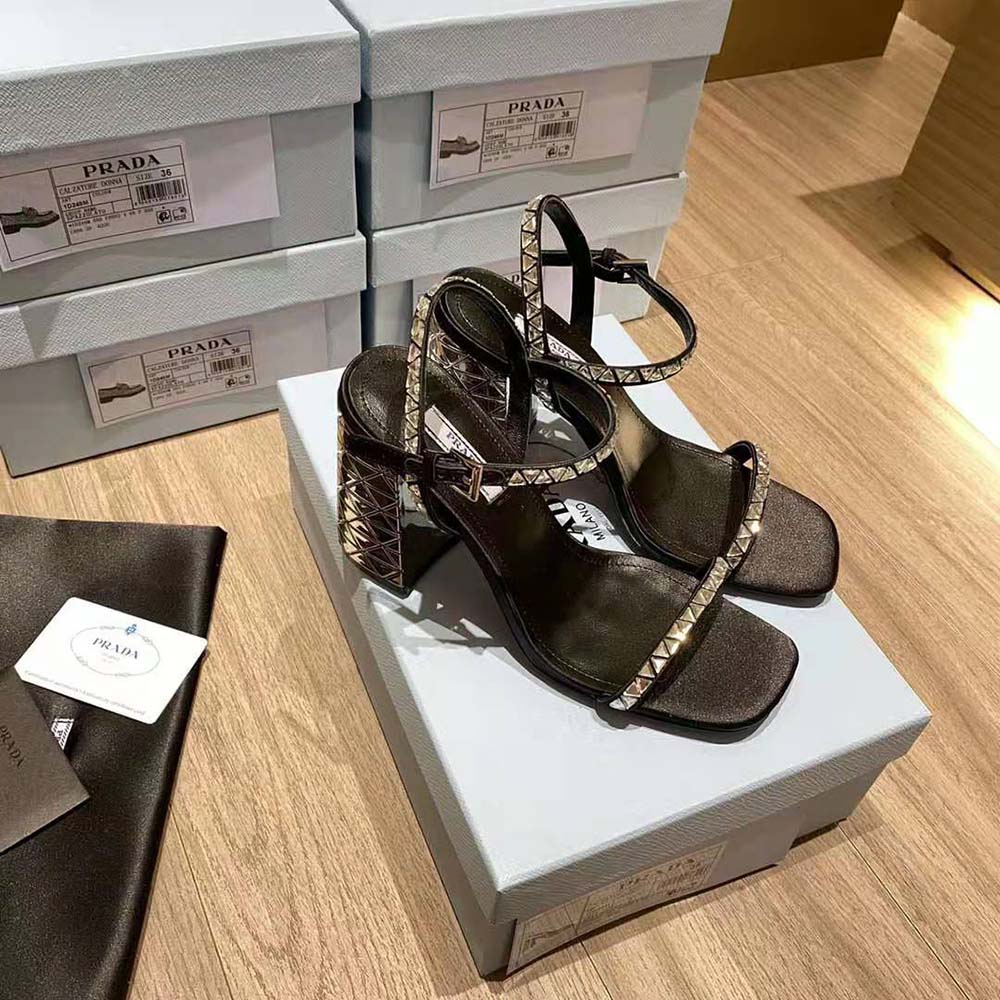 Prada Women Satin Sandals with Crystals in 90mm Heel Height-Black