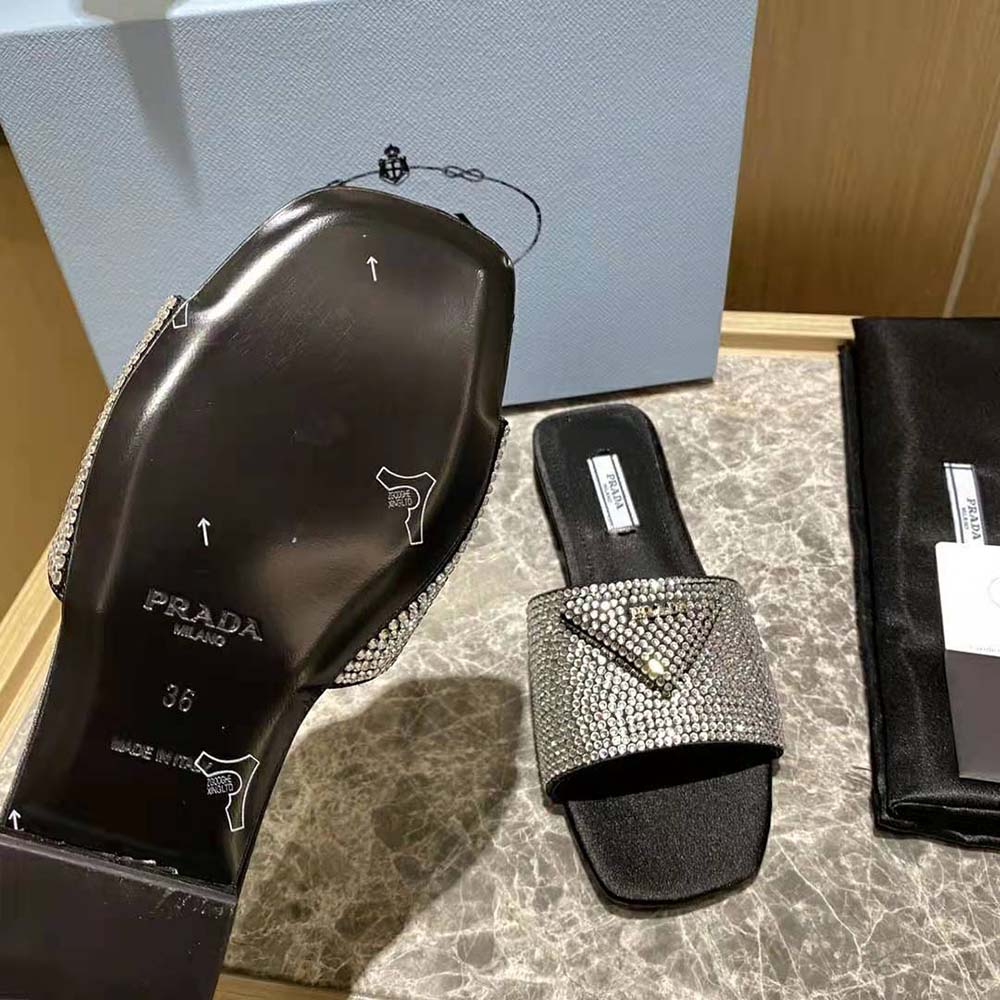 Prada Women Satin Slides with Crystals-Black