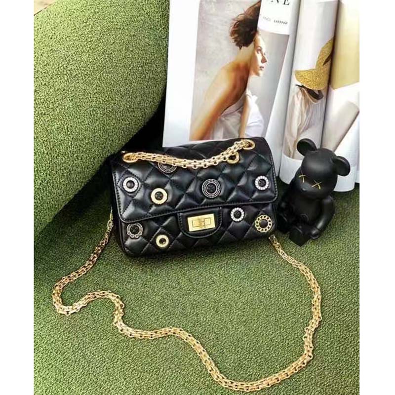 Chanel Women CC 2.55 Handbag Calfskin Strass Glass Pearls Gold Silver Tone Black