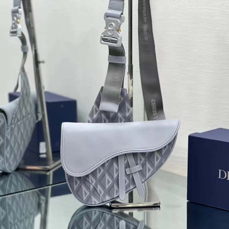 dior unisex cd saddle bag gray cd Di*m*nd canvas smooth calfskin