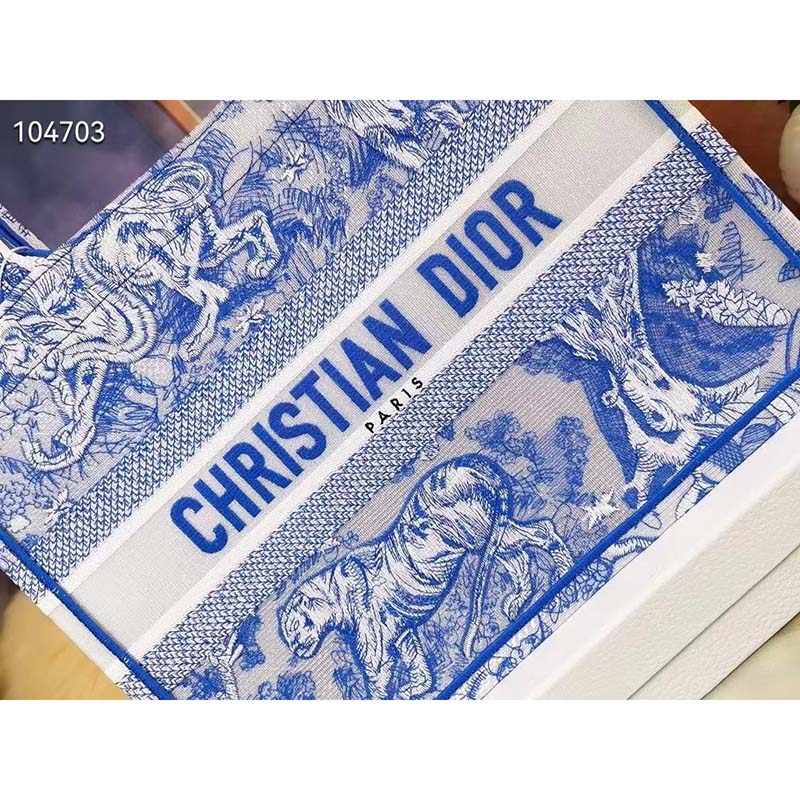 Dior Unisex CD Medium Book Tote Fluorescent Blue Toile De Jouy Reverse Embroidery