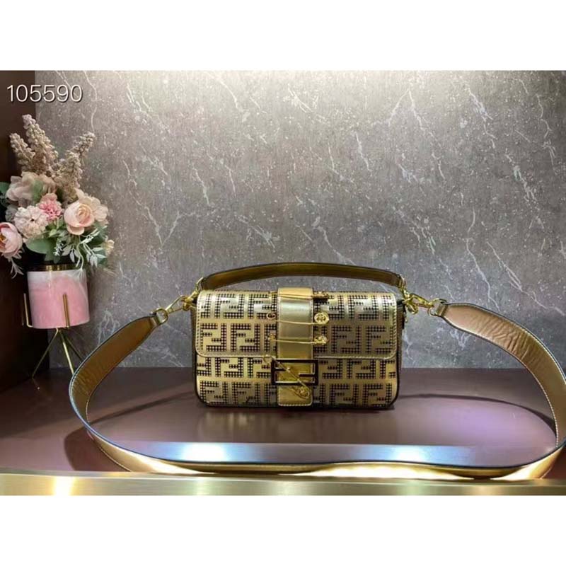 Fendi Women FF Brooch Mini Baguette Fendace Bag Gold Perforated Leather