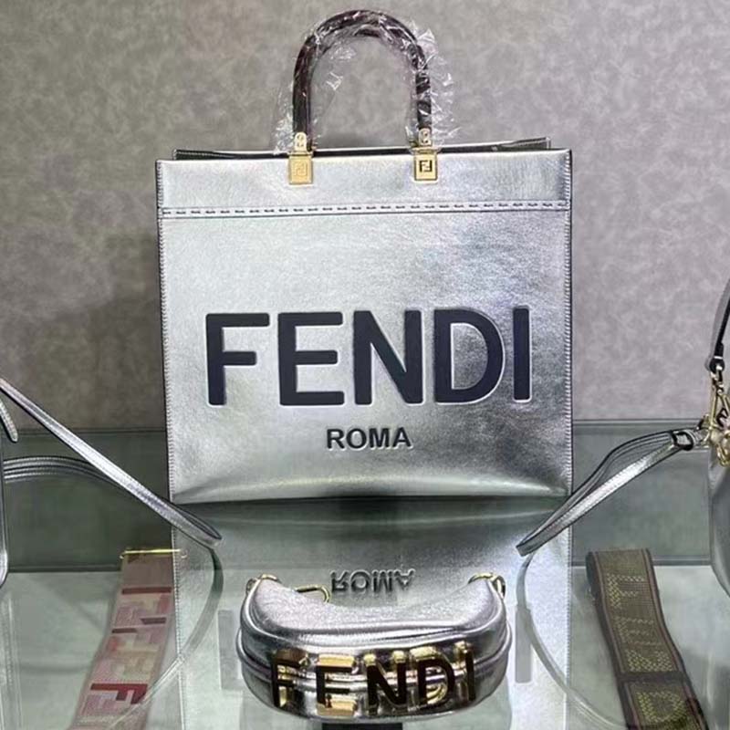Fendi Women Fendi Sunshine Medium Silver Laminated Leather Shopper