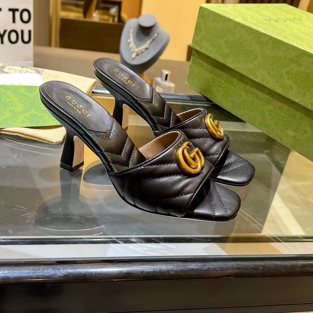 G*u*i women gg double g slide sandal black chevron matelassé leather 7.6 cm heel