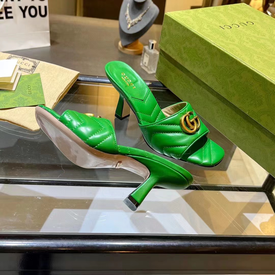 G*u*i women gg double g slide sandal emerald green chevron matelassé leather 7.6 cm heel