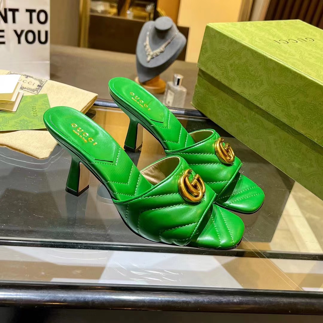 G*u*i women gg double g slide sandal emerald green chevron matelassé leather 7.6 cm heel