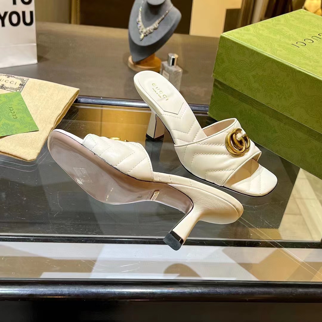 G*u*i women gg double g slide sandal white chevron matelassé leather 7.6 cm heel