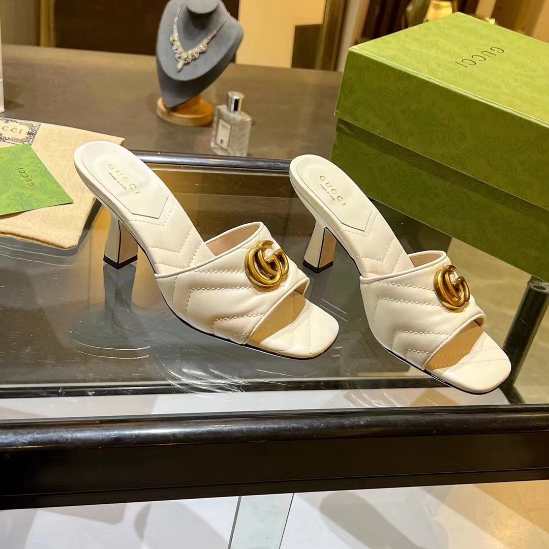 G*u*i women gg double g slide sandal white chevron matelassé leather 7.6 cm heel