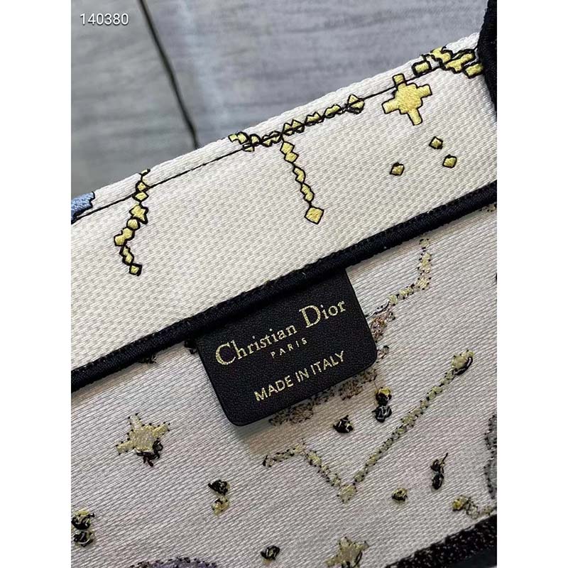 Dior Women CD Large Dior Book Tote Latte Multicolor Dior Pixel Zodiac Embroidery