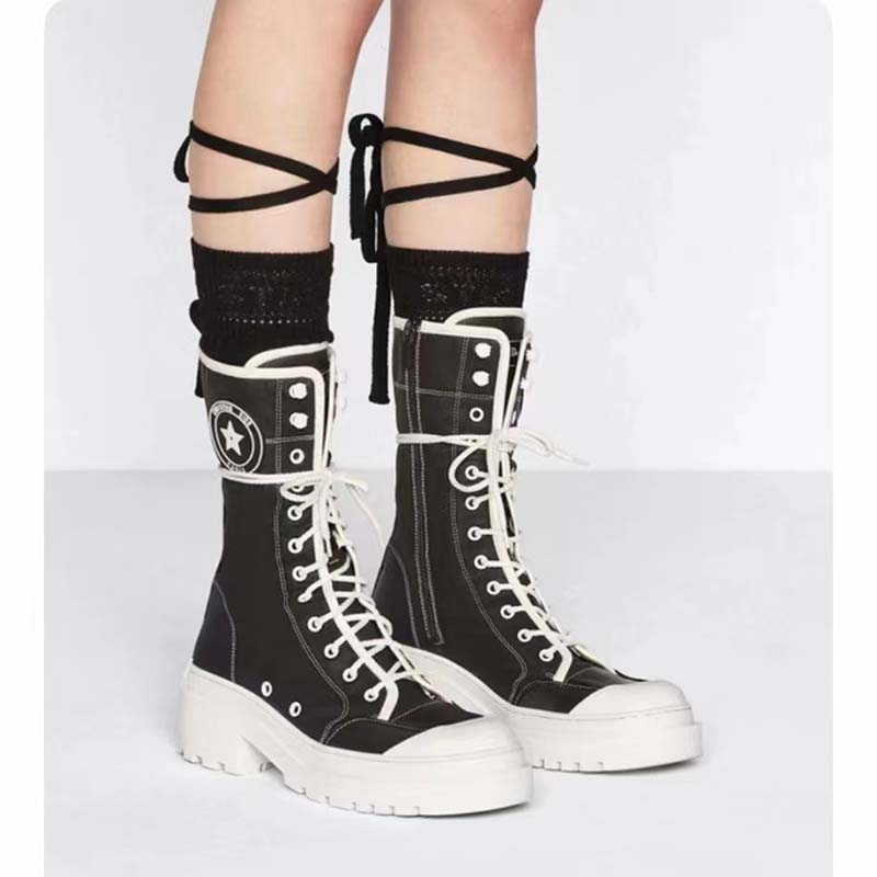 Dior Women CD Shoes D-Rise Boot Black Technical Fabric Calfskin 21.5 cm High