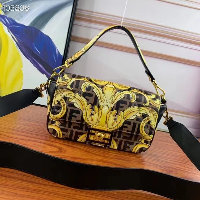 Fendi Women FF Baguette Fendace Quilted Black Silk Bag