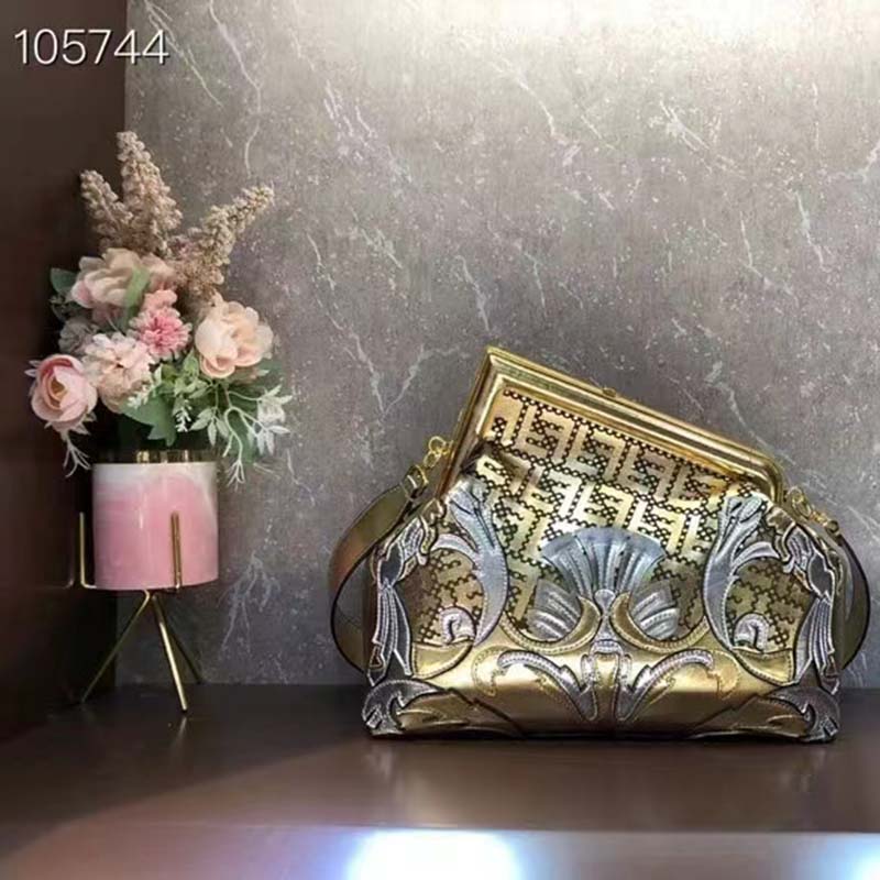 Fendi Women FF Fendi First Medium Fendace Gold-Colored Leather Bag Appliqués