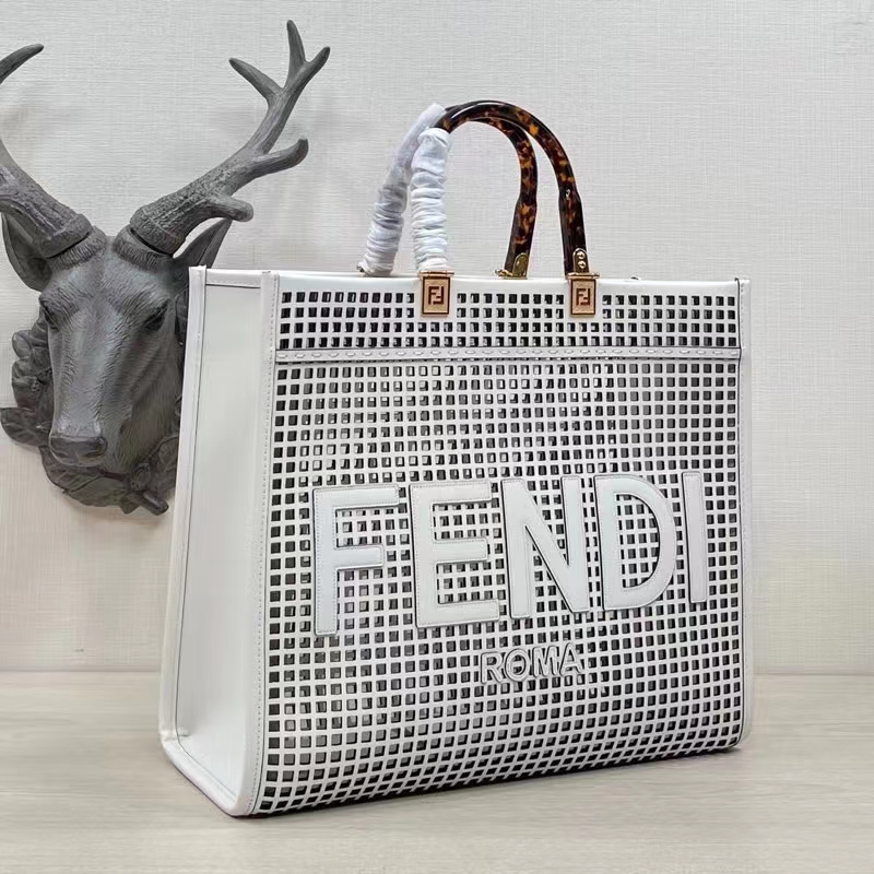 Fendi Women Sunshine Medium White Two-Toned Perforated Leather Shopper