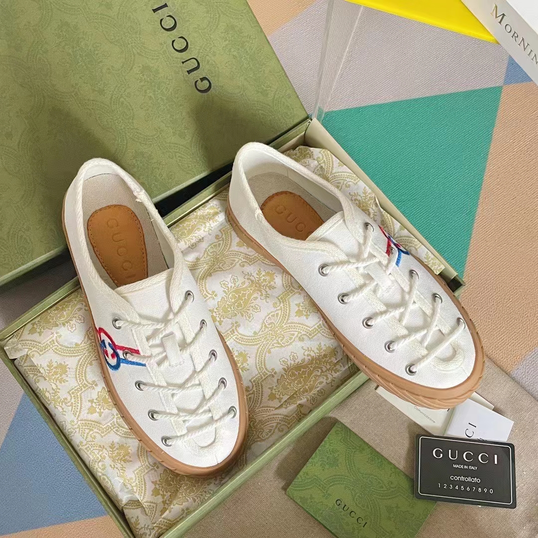 G*u*i unisex gg interlocking g sneaker beige organic cotton rubber sole flat