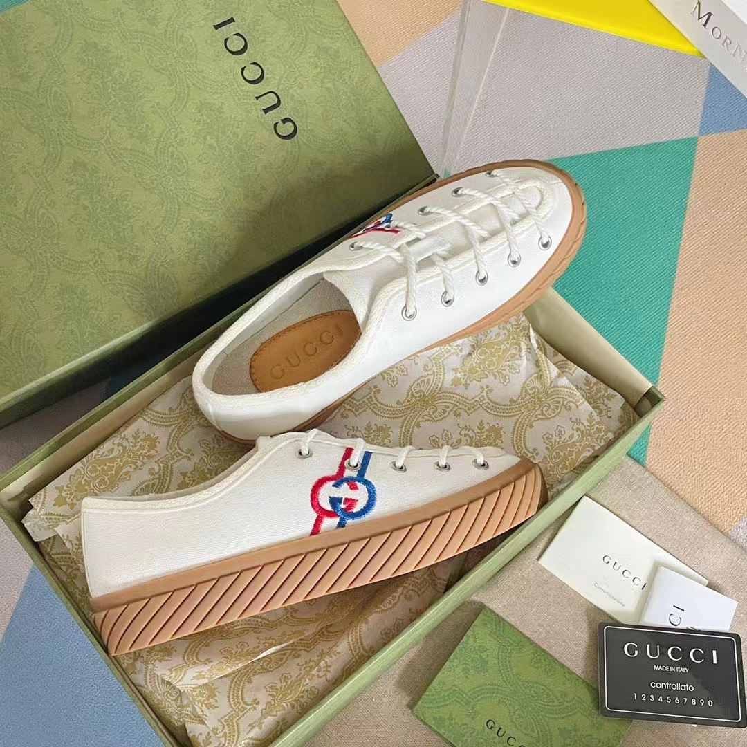 G*u*i unisex gg interlocking g sneaker beige organic cotton rubber sole flat