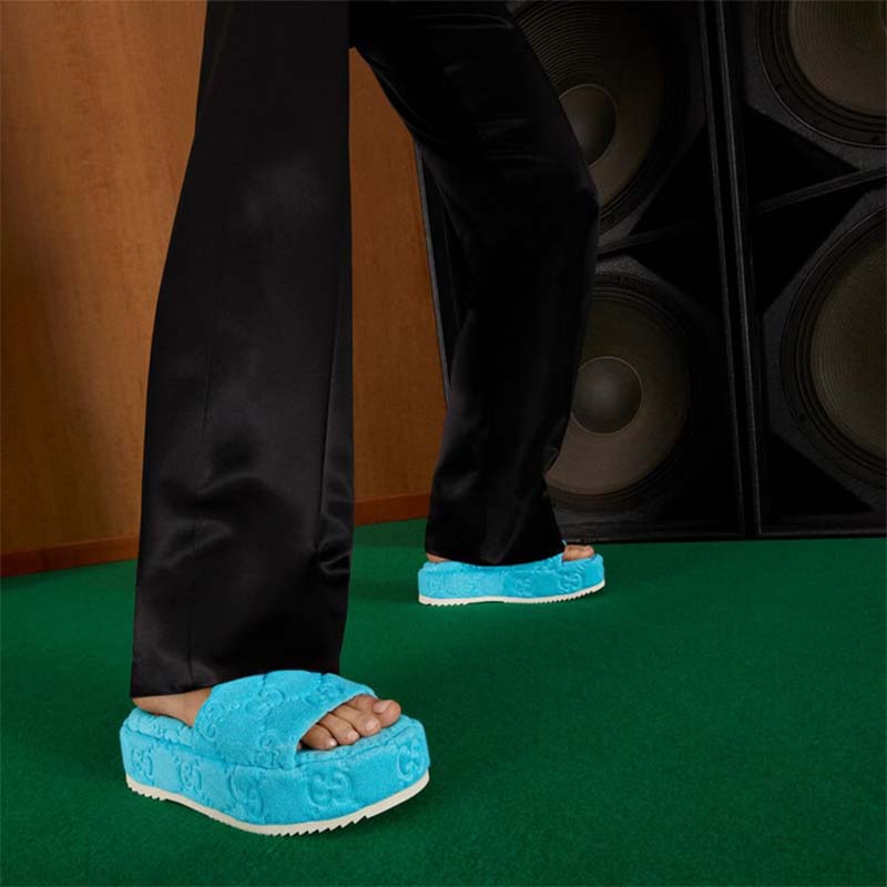 G*u*i unisex gg platform sandals blue gg cotton sponge rubber sole 3 cm heel
