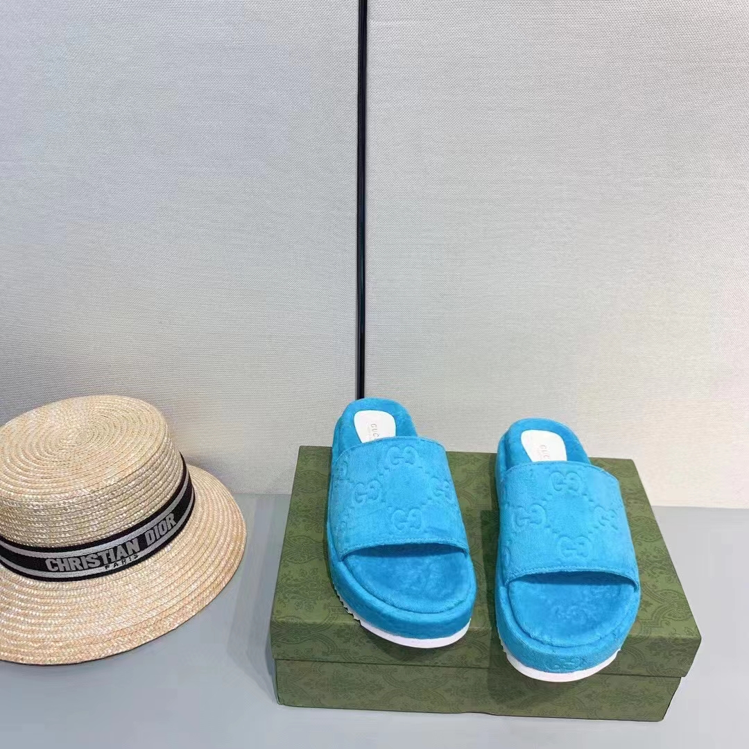 G*u*i unisex gg platform sandals blue gg cotton sponge rubber sole 3 cm heel