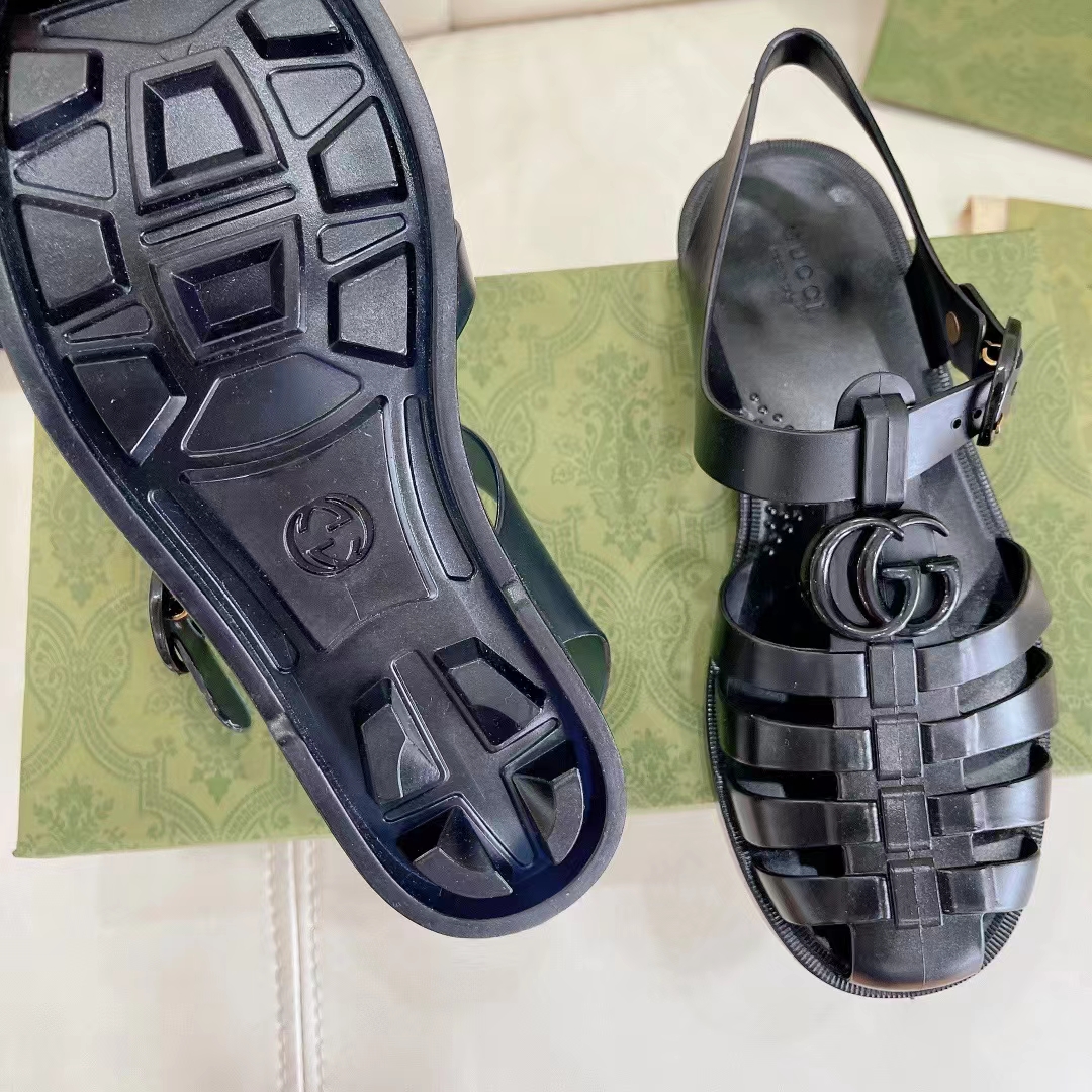 G*u*i unisex gg sandal double g black rubber sole ankle buckle flat